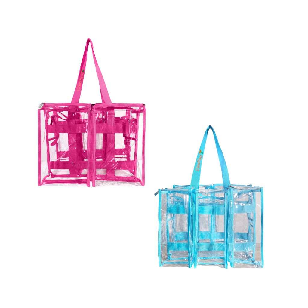 Opposite outside view of hot pink and  blue CamPaq medium bags showing 3 pockets on one side, 2 on the other, with handles.