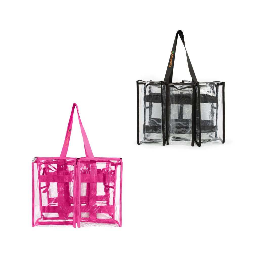Opposite outside view of hot pink and  black CamPaq medium bags showing 3 pockets on one side, 2 on the other, with handles.