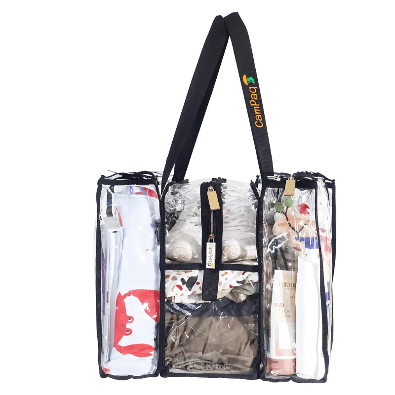 Clear medium black camping bag with black handles displaying various items on a white background