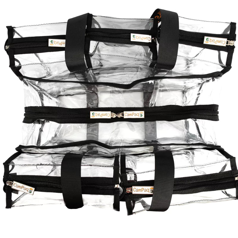 View from top of clear black medium camping bag with black straps and visible brand logo on a white background
