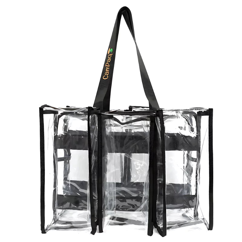 Clear medium black camping bag with black straps and showing 3 pockets on one side