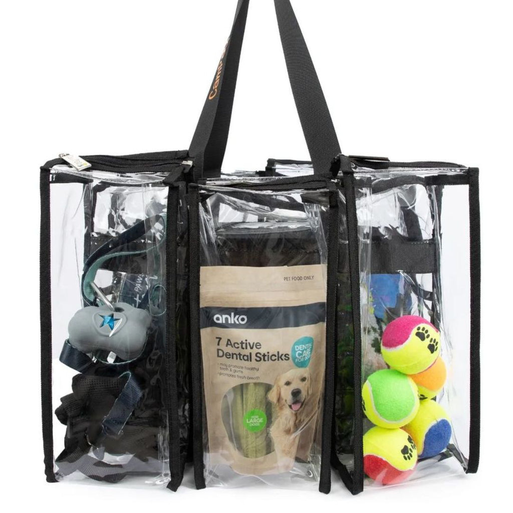 Pet toys food and treats packed into medium black CamPaq clear bag