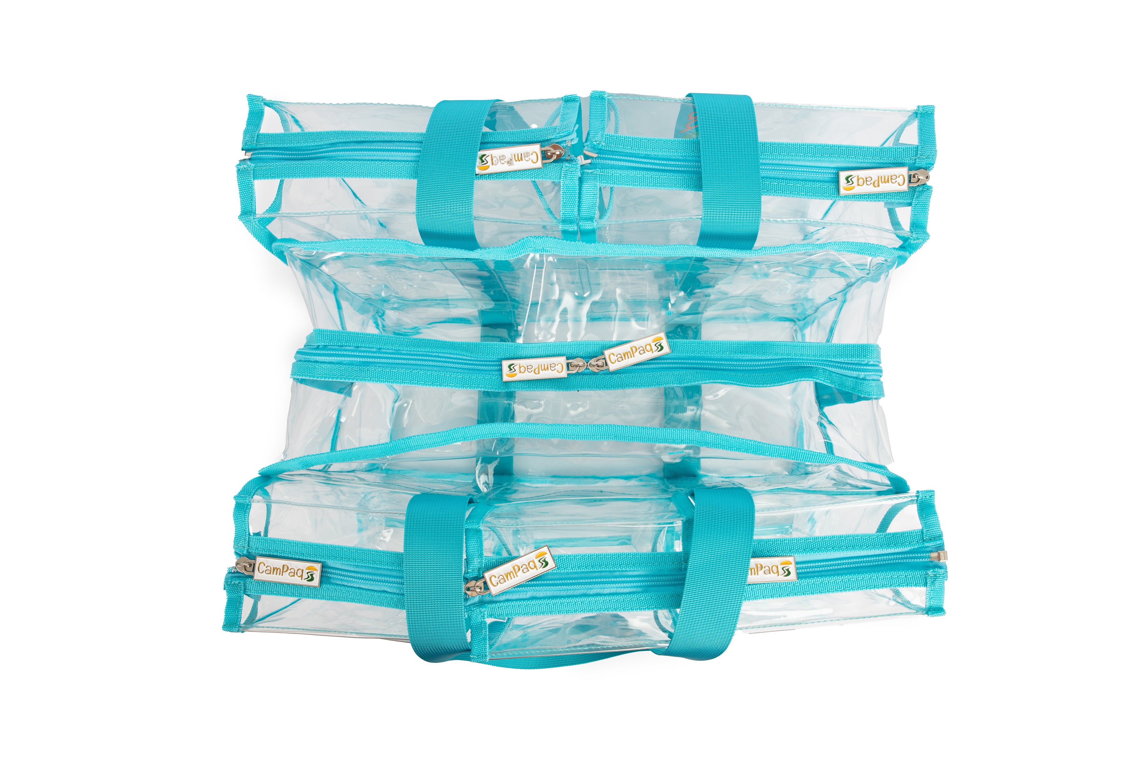 Top view of clear medium blue CamPaq bag showing 6 pockets and zips and zip tags labelled CamPaq