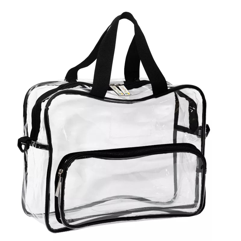 Angle view of clear work/travel bag showing black carry handles