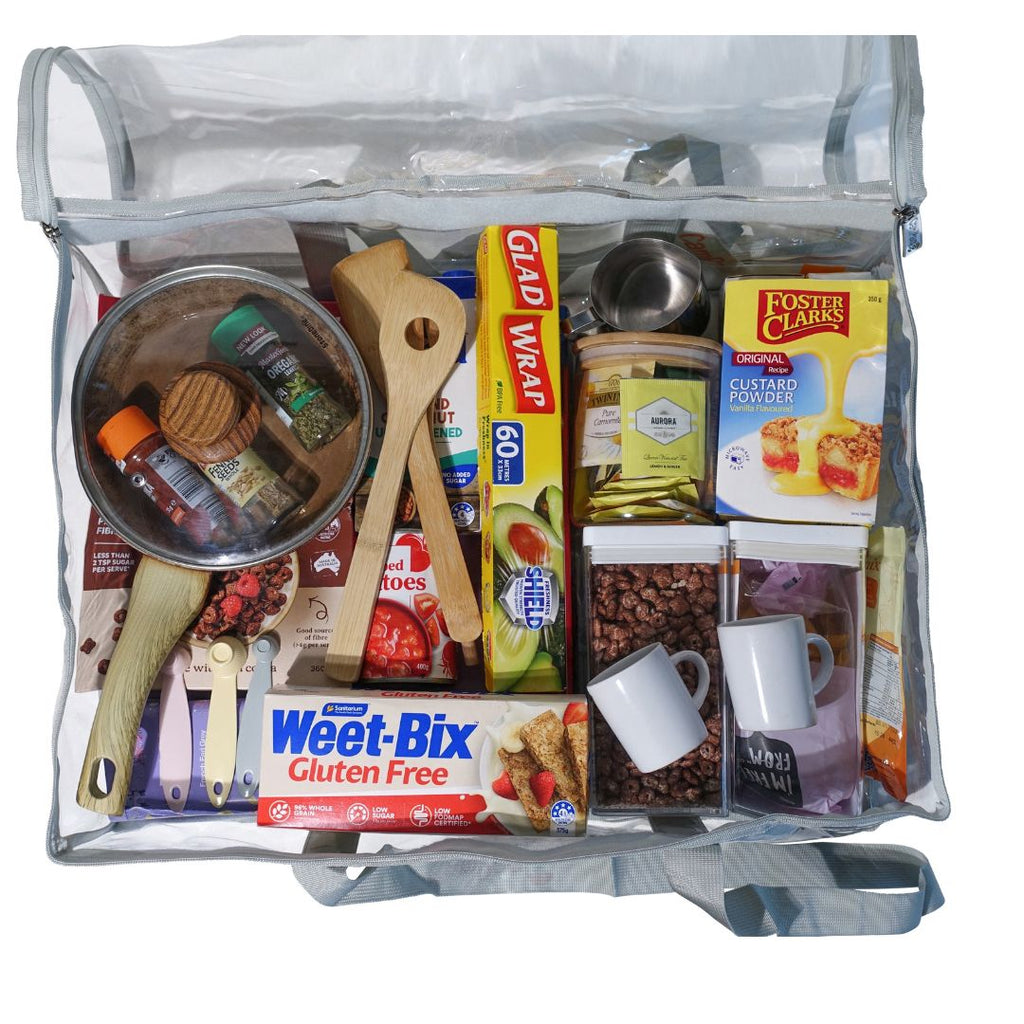 Grey CamPaq Under Bed Bag full of pantry and cooking items