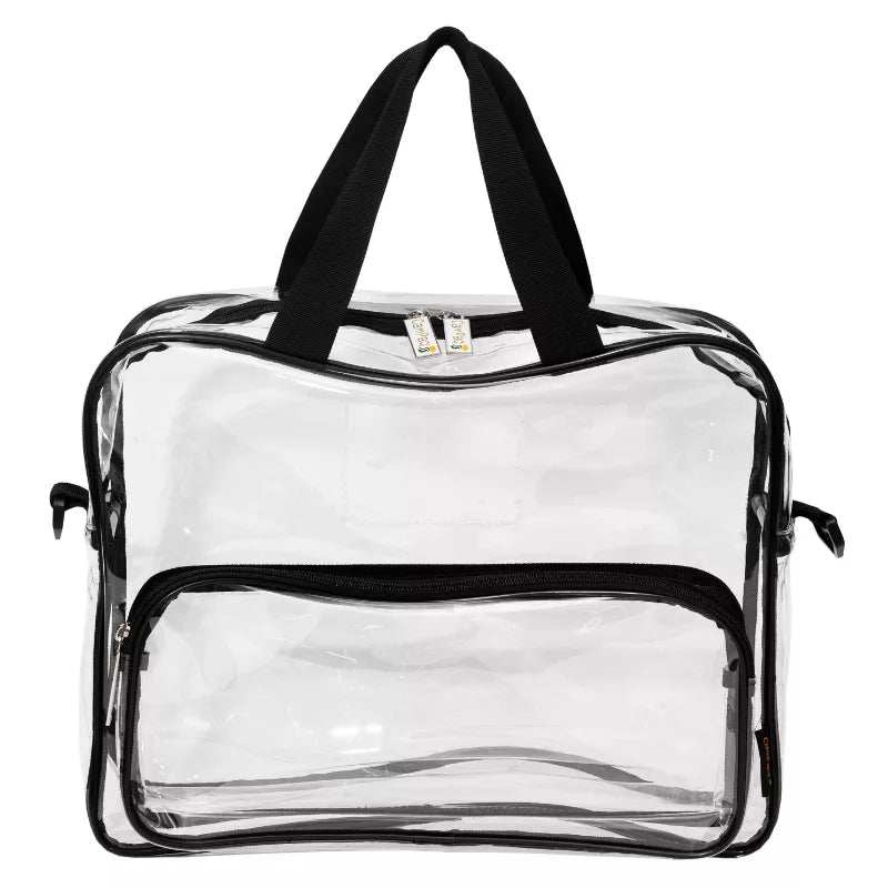 Clear work bag with black carry handles and zippers on a white background