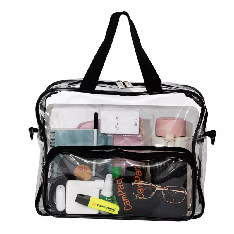 Clear work/travel bag with black handles and trim, containing various items