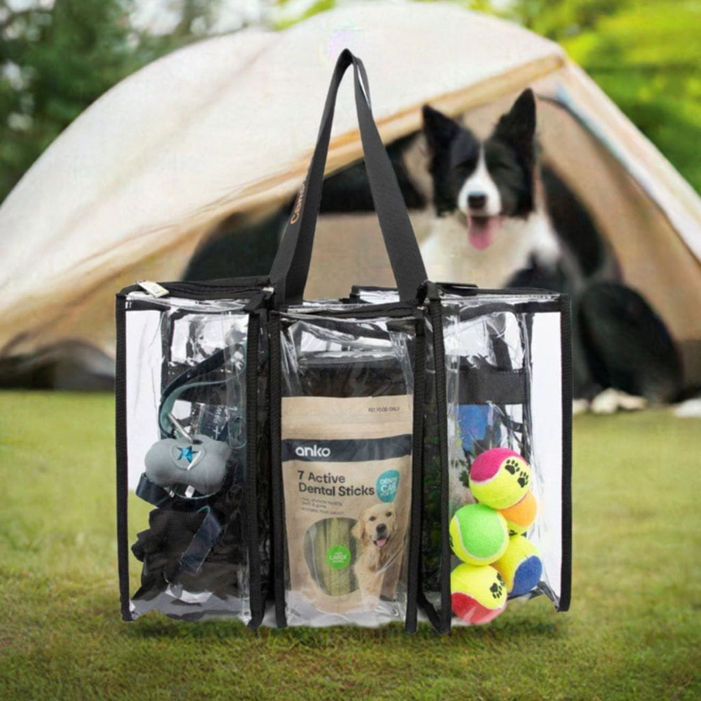 Dog gear and treats packed into medium black CamPaq clear bag beside border collie and tent