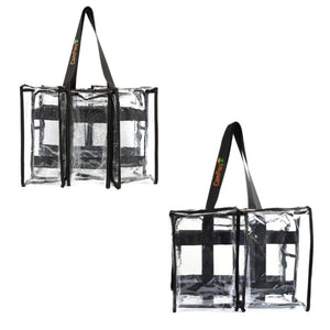 Opposite outside view of black medium CamPaq clear bag bundle showing 3 pockets on one side, 2 on the other, with handles.