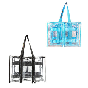 Opposite outside view of blue and black medium CamPaq clear bags bundle showing 3 pockets on one side, 2 on the other, with handles.