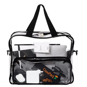 Front view of clear work/travel bag showing black carry handles and items in pockets including CamPaq shoulder strap inside