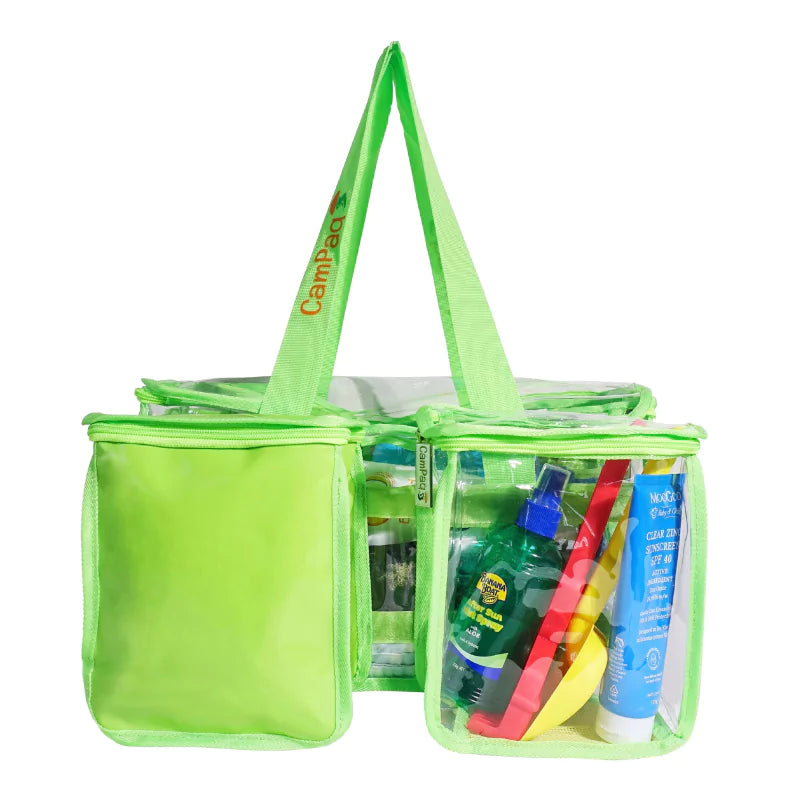 Green clear toiletry bag with privacy pocket filled with toiletries