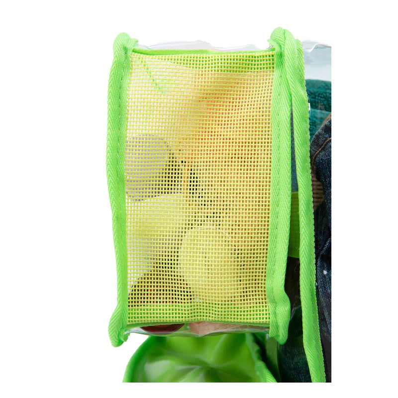 Green toiletry bag showing mesh bottom of one pocket