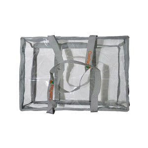 Top and handles view of empty grey CamPaq clear under bed bag