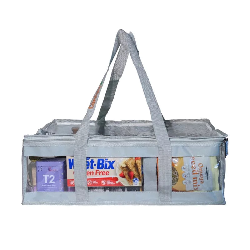 Grey clear under bed storage bag containing various food packages