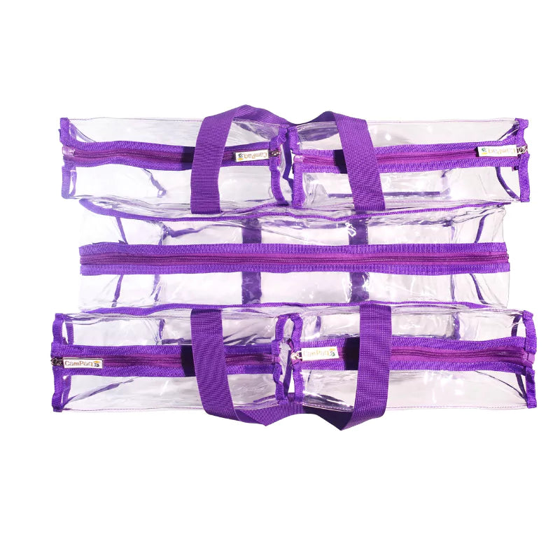Top view of purple large camping bag showing 5 large pockets with purple zippers