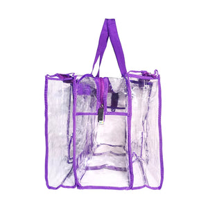 Side view of purple large clear camping bag handles on a white background