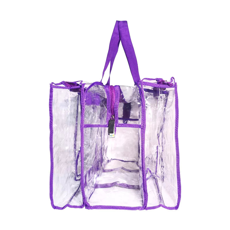Side view of purple large clear camping bag handles on a white background