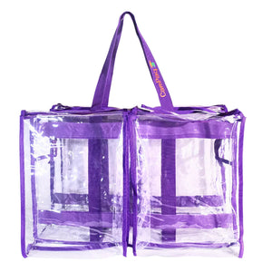 Large purple trim clear camping bag with handles showing multiple pockets