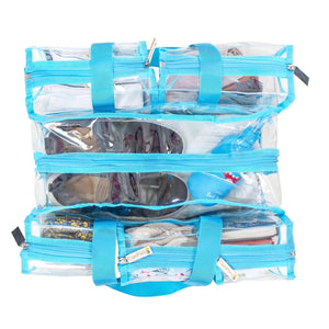 Medium blue camping bag showing top view with clear sections and handles on a white background