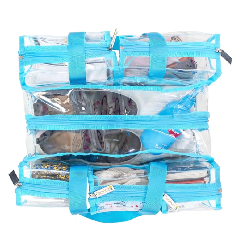 Medium blue camping bag showing top view with clear sections and handles on a white background