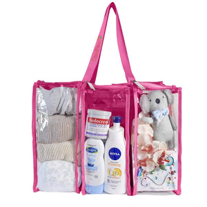 Hot pink medium camping bag filled with baby wear, teddy bears and baby toiletry items