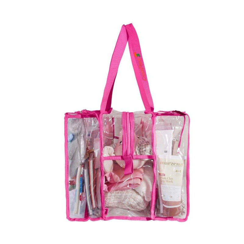 Side view of hot pink medium camping bag filled with various items