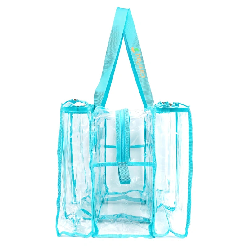 Side view of clear blue medium camping bag with a strap on a white background