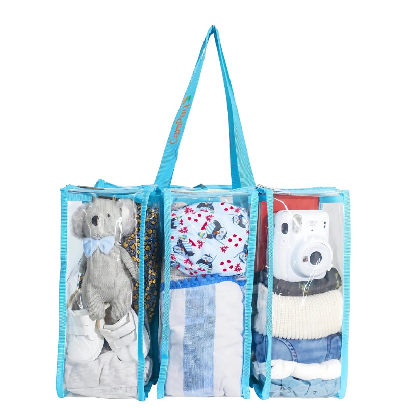 Medium blue clear camping bag filled with teddy, toys and kids gear in front 3 pockets
