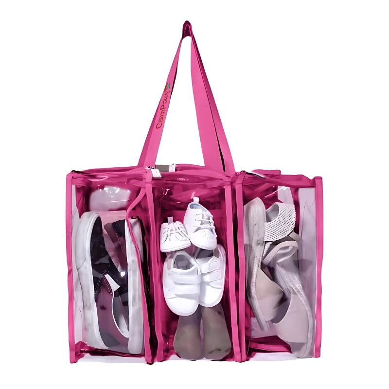 Hot Pink medium clear camping bag filled with shoes