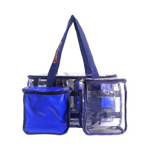 Navy blue clear toiletry bag with privacy pocket front view empty