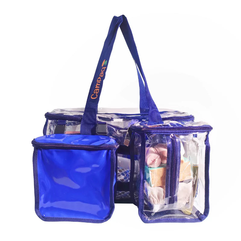 Navy blue clear toiletry bag with privacy pocket filled with toiletries