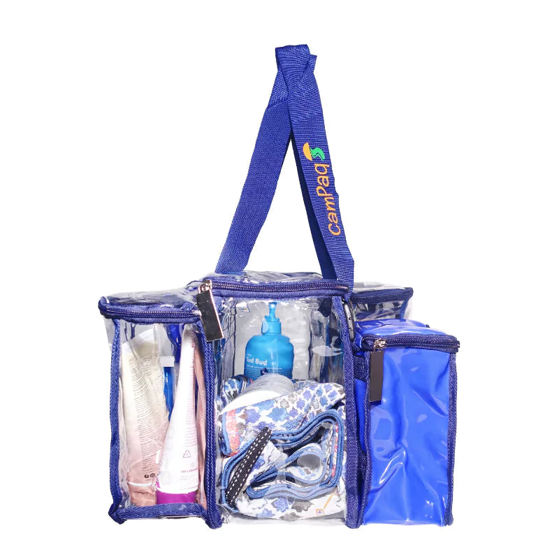 Navy blue clear toiletry bag with privacy pocket side view with toiletries