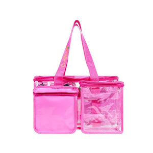 Hot pink CamPaq clear toiletry bag front view showing handles  one transparent and one privacy pocket 