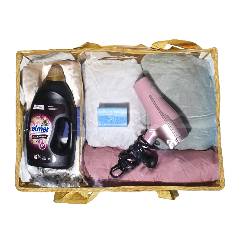 Sand clear under bed storage bag top view filled with linen and laundry items