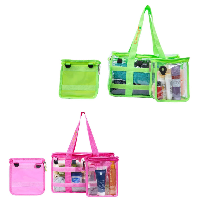 Hot pink and green toiletry bags bundle filled with toiletries