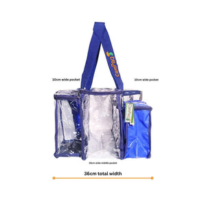 Side view of navy CamPaq clear toiletry bag empty showing measurements and top handles