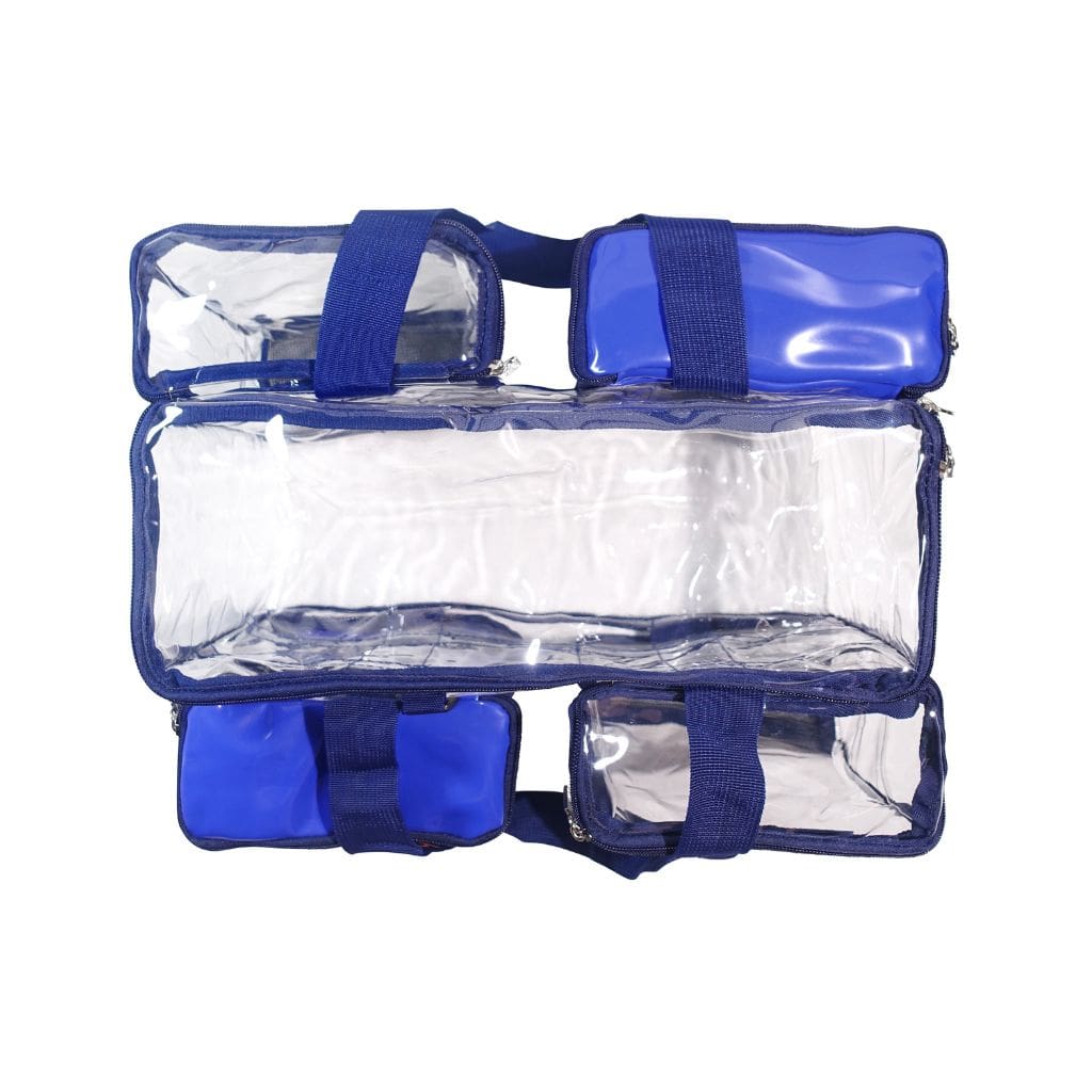 Top view of navy CamPaq clear toiletry bag empty showing 5 pockets