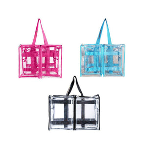 Front view of 3 medium CamPaq clear bags in blue, hot pink and black showing 2 pockets and top handles