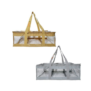 Empty side view of CamPaq clear grrey and sand under bed bags with handles