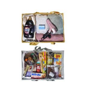 Top view of both  CamPaq clear sand and grey under bed bags bundle - filled with pantry items and linen and laundry gear