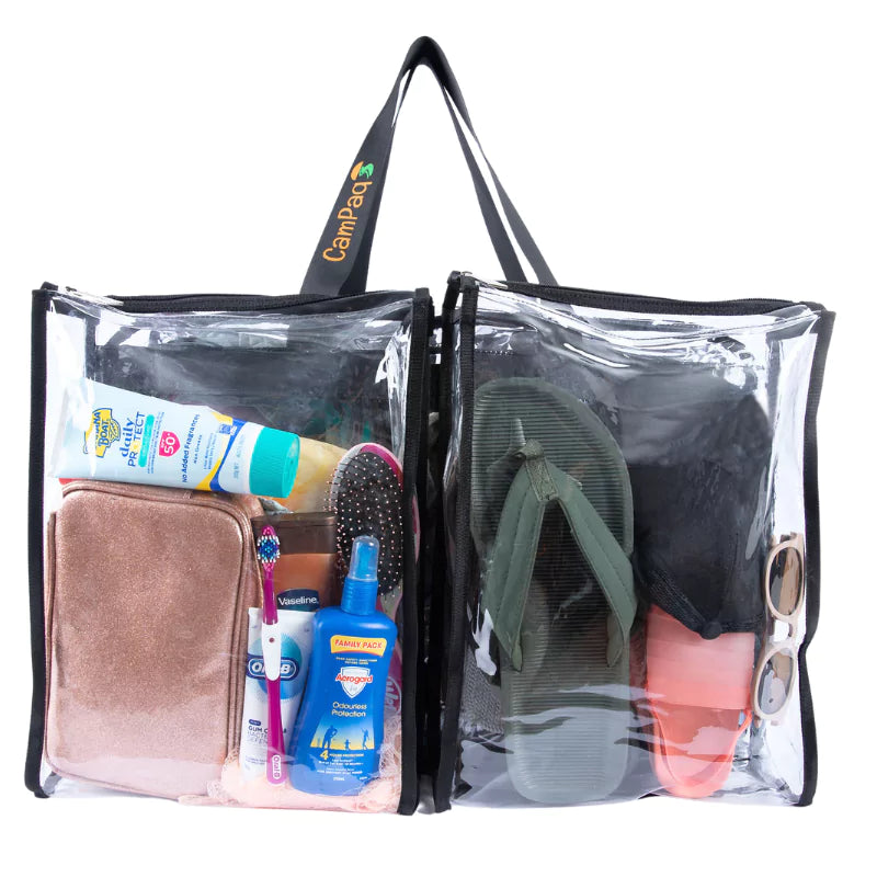 Large black trim clear camping bag with handles showing multiple pockets filled with shoes and personal items