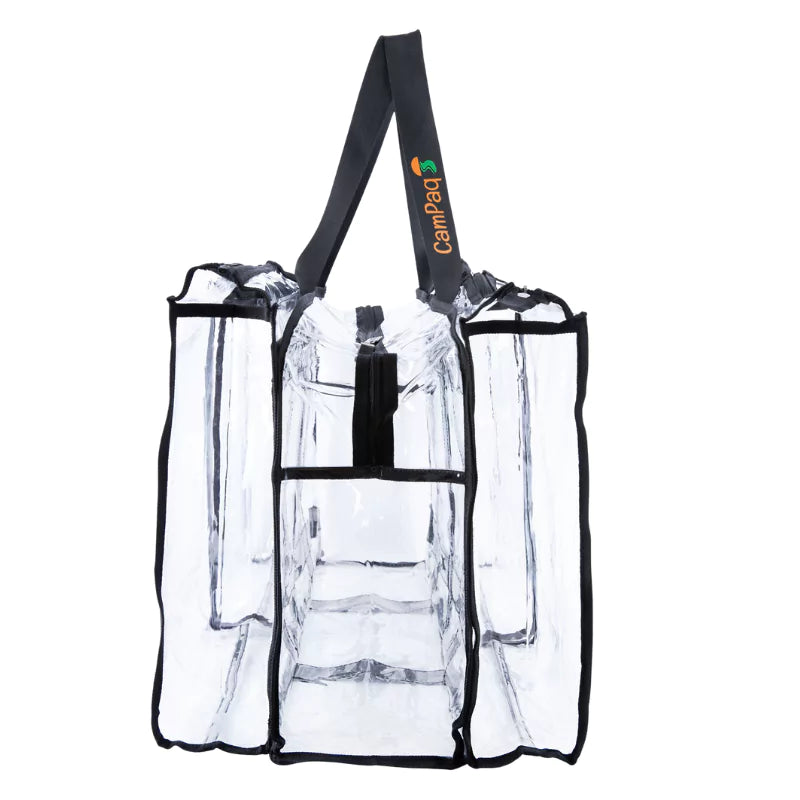 Side view of large black clear camping bag with handles on white background
