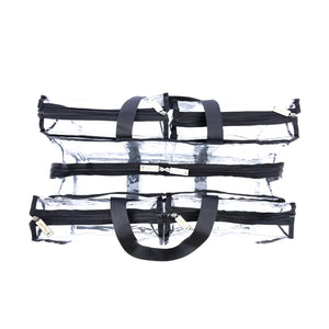 Top view of large black trim camping bag with clear compartments and black zippers