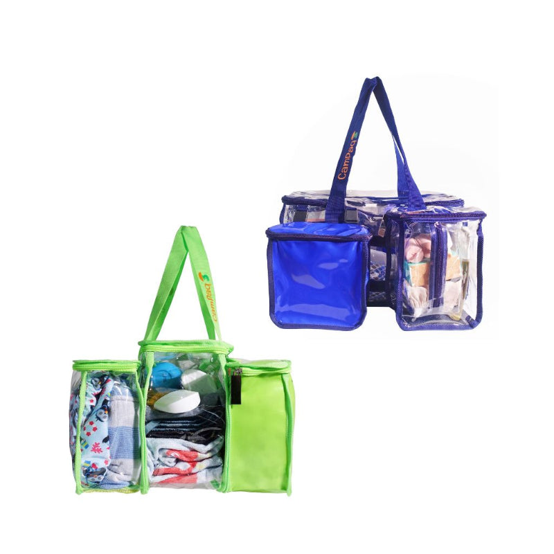 Navy blue and green toiletry bag bundle filled with toiletry items
